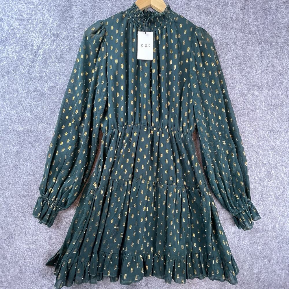 OPT Dress Medium Ruffle Cuffed Shirred Stretch Waist Green Gold Modest Boho‎